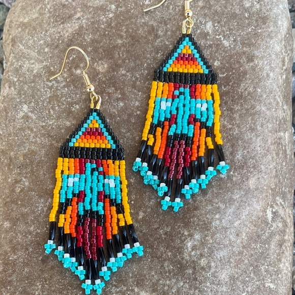 Native Thunderbirds Beaded Earrings with Fringe, New, Handmade by Me - Picture 5 of 6